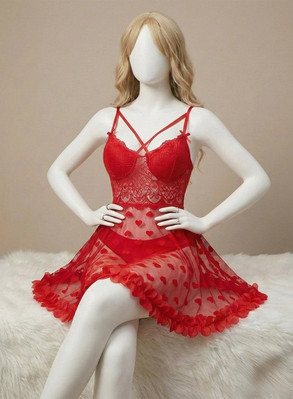 Red Heart Mesh and Lace Babydoll Set