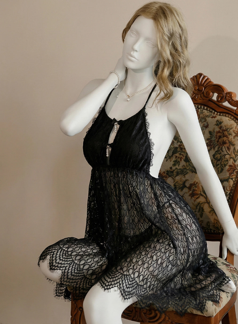 Black Sheer Lace Keyhole Nightdress