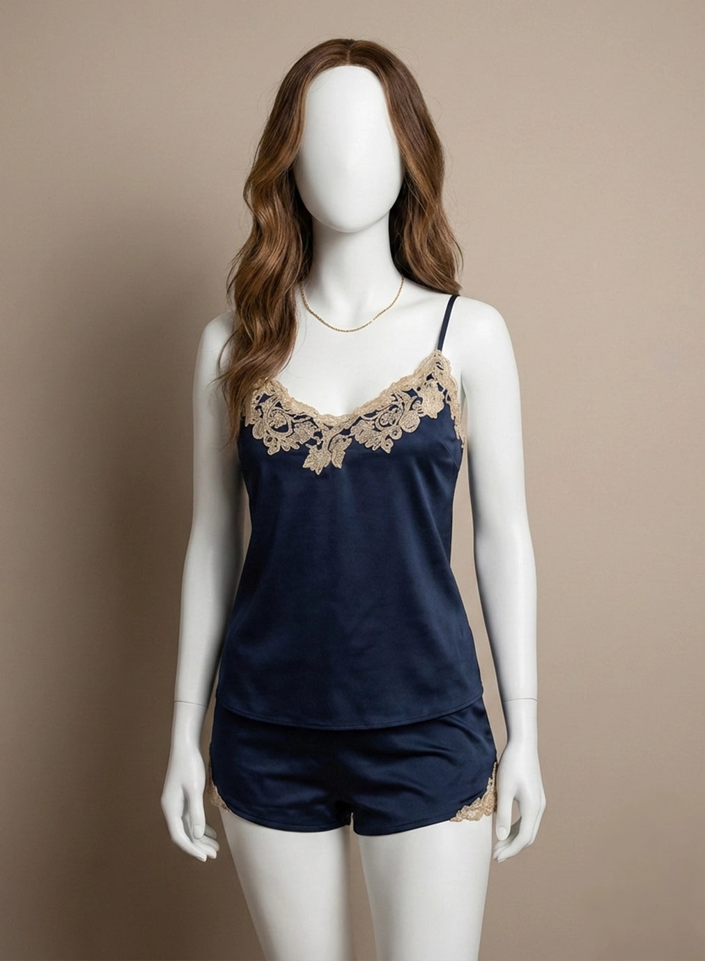 Navy Blue Satin and Gold Lace Cami Set