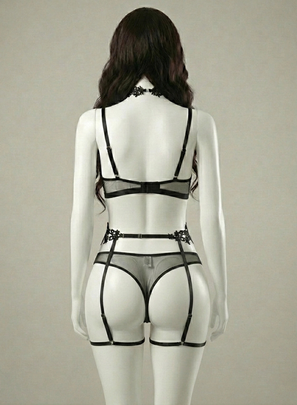 Shein Original - Luxury Black Floral Lace 3-Piece Lingerie Set with Garter Belt