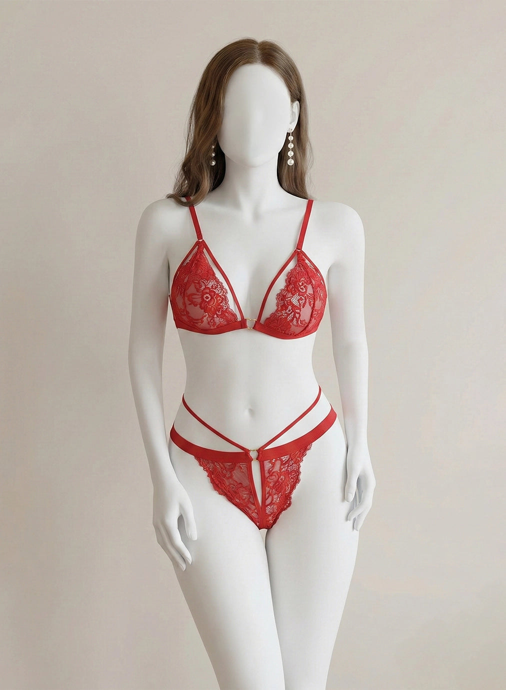 Floral Lace Strappy Bralette Set with Hardware Details