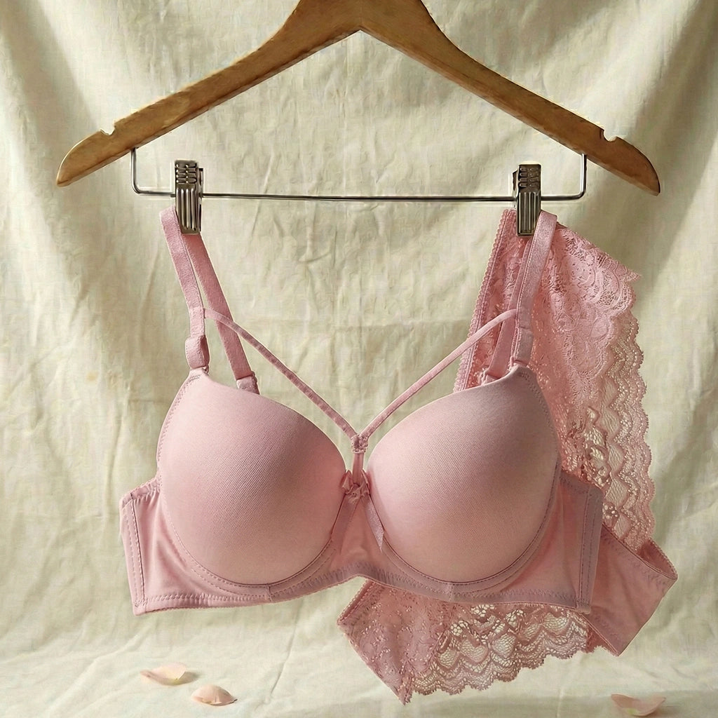 Whisper "Caged Beauty" Wired Bra & Lace Panty Set (Smooth Cup with Fancy Straps)